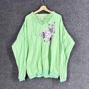 Crazy Shirts Top Women 2XL Green Floral V-Neck Long Sleeve Tasseled Cotton